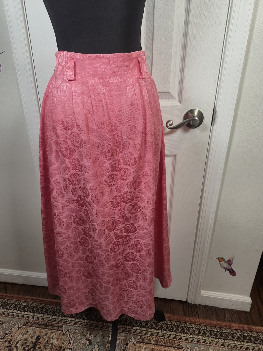 Vintage Outback Pink 100% Silk Jacquard Rose Floral Midi Skirt Size 6 - Picture 5 of 7